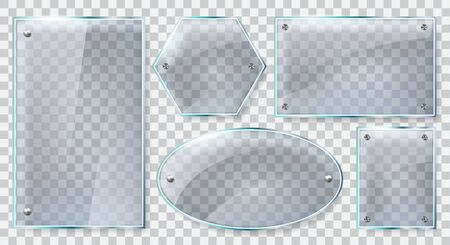 Realistic glass frames. Reflective glass plate, clear glass or plastic 3d banners, reflecting glass mockups isolated vector illustration set. Glass frame banner material, realistic plaqueのイラスト素材