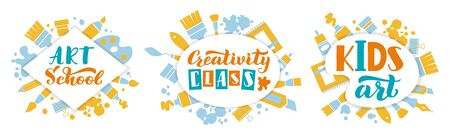 Creative kids art concept. Kids art class lettering, handwritten creativity children center, hand drawn creative studio vector illustration set. Creativity drawn lettering, brush artistic classのイラスト素材