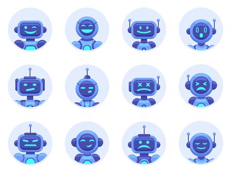 Chat bot avatars. Robotic digital assistant avatar, computer online assistance bot, virtual machine help bots vector illustration icons set. Cyber support, service virtual bot, chat robotのイラスト素材