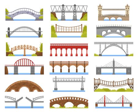 City bridge. Urban crossover bridge construction, truss and tied arch river bridge, carriageway architecture vector illustration icons set. Arch construction urban, railway construct bridgeのイラスト素材