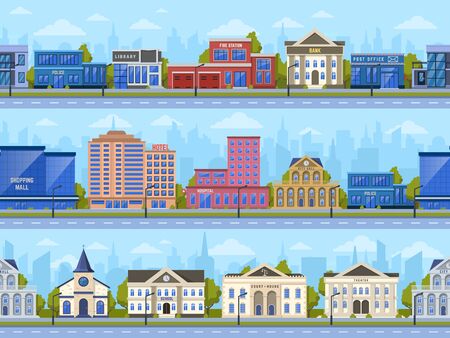 City street panorama. City road streets cityscape, town buildings, bank, school and shopping mall exterior vector background illustration set. Building city street and panorama urban downtown facadeのイラスト素材