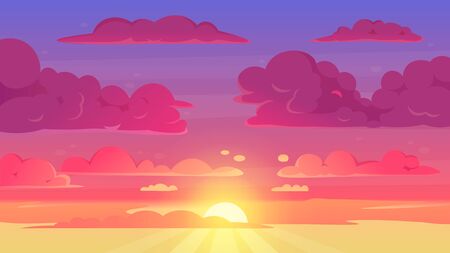 Cartoon sunset sky. Gradient violet and yellow sky clouds landscape, evening sunset heaven panorama vector background illustration. Sunset sky cartoon, sun scene sunriseのイラスト素材