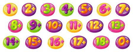 Kids age restrictions. Childrens age limit signs, figures game or movie content permission badges. Age limit baby stamps vector illustration icon set. Child limit prohibition, age plus badgeのイラスト素材