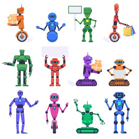 Robot characters. Robotic mechanical humanoid characters, chatbot assistant mascots, technology android bot isolated vector illustration set. Robot humanoid, futuristic mechanical cyborgのイラスト素材