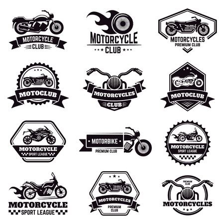 Retro motorcycle emblems. Biker club motorcycle badges, bike stamp, motorbike wheel wings emblem, motorcycle labels vector illustration icons set. Motorcycle logo and emblem, badge motor shopのイラスト素材