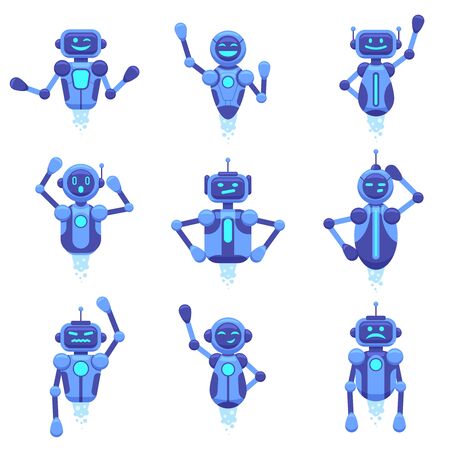 Chat bot assistance. Robotics technology chat bots, robotic digital assistant, futuristic android chat bots characters, vector illustration set. Robot and cyber, support service virtual, mobile aiのイラスト素材
