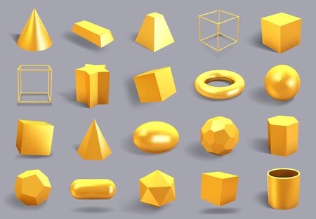 Realistic 3D gold shapes. Golden metal geometric shape, shiny yellow gradient cube, sphere and prism figures vector illustration icons set. Yellow gold realistic, polygonal form 3d, square and prismのイラスト素材