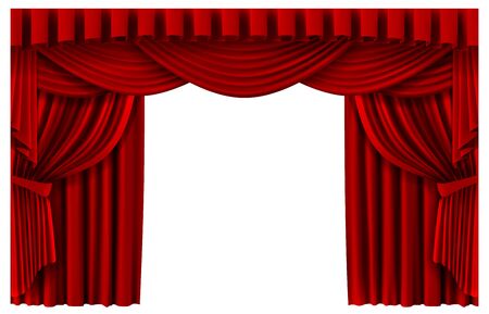 Red stage curtain. Realistic theater scene backdrop, cinema premiere portiere drapes, ruddy ceremony curtains vector template illustration. Red curtain to show premiere, stage realistic entranceのイラスト素材
