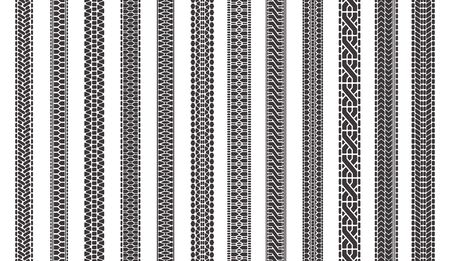 Car tire tracks. Automobile tires tread tracks, tire texture treads, vehicle tire marks isolated symbols illustration set. Automobile truck pattern, imprint treadのイラスト素材