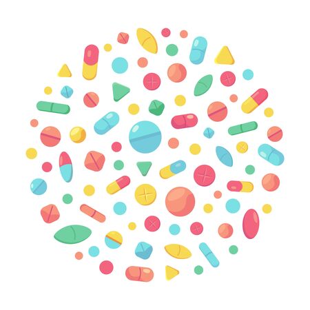 Medical pills concept. Pharmacy supplements, pills and painkiller capsule, tablets antibiotic pills drugstore medical vector illustration. Tablet and vitamin, capsule and pill, medicament antibioticのイラスト素材