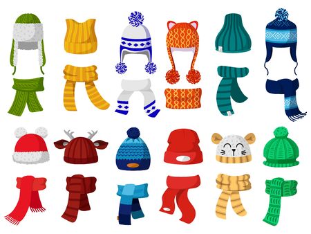 Winter hats. Kids knitting autumn headwear, hats and scarf, cold weather children accessories isolated vector illustration icons set. Child knitted scarf, accessory headwear, autumn childish garmentのイラスト素材