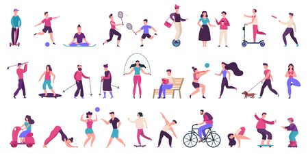 People outdoor activities. Active, healthy lifestyle, jogging, running, roller skates, bicycle and rollerblading vector illustration icons set. People activity outdoor, yoga volleyball and golfのイラスト素材