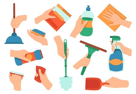 Hands holding detergent. Cleaning disinfection housework supplies in hands, kitchen and bath washing equipment vector illustration icons set. Detergent household, work and holding cleaning equipmentのイラスト素材