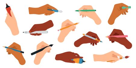 Writing tools in hand. Pen, pencil, stylus, felt-tip pen in arms, writing and drawing tools vector illustration icons set. Pencil and pen, ballpoint and marker in handsのイラスト素材
