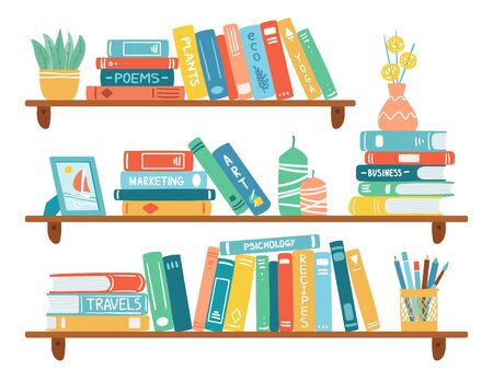 Interior bookshelves. Books at bookshelf, textbooks pile, school education or bookstore shelf, library bookcase isolated vector illustration set. School archive and bookshop, bookcase and bookshelfのイラスト素材