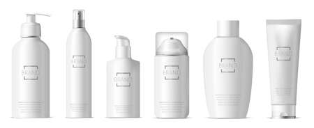 Realistic plastic skincare package. Cosmetic 3d plastic bottle, dispenser pump and spray, shampoo, lotion, soap package vector illustration set. Realistic container skincare foam, bottle and packageのイラスト素材
