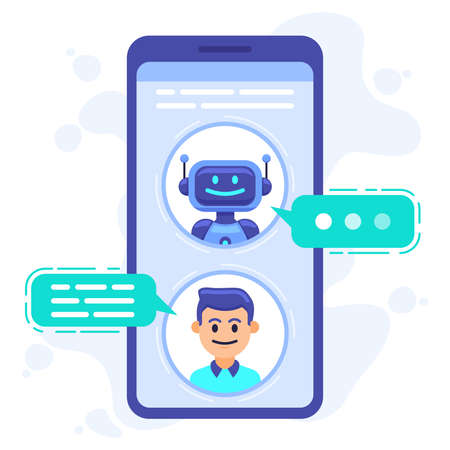 Chat bot communication. Smartphone chatting with conversation bot, chat assistant bot at cellphone screen, robots sms dialog vector illustration. Robot communication conversation chattingのイラスト素材