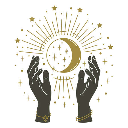 Magic hands holding moon. Hand drawn mystical arms with moon, magical symbol, witchcraft mystic arms holding moon and stars vector illustration. Magic vintage, human hands mysticismのイラスト素材