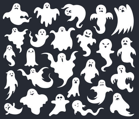 Halloween horror ghost. Spooky scary ghosts, ghost funny cute character, phantom ghostly halloween mascots vector illustration set. Face spooky monster, holiday silhouette creatureのイラスト素材