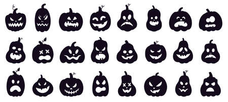 Halloween pumpkins silhouette. Scary spooky carving pumpkins, creepy smiling faces, autumn holiday horror decoration vector illustration set. Celebration smile autumn halloweenのイラスト素材
