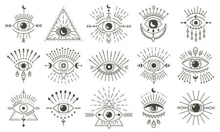 Evil doodle eye. Hand drawn magic witchcraft eye talisman, magical esoteric eyes, religion sacred geometry symbols vector illustration icons set. Amulet talisman, various luck souvenirのイラスト素材