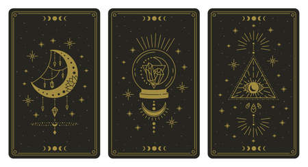 Magical tarot cards. Magic occult tarot cards, esoteric boho spiritual tarot reader moon, crystal and magic eye symbols vector illustration set. Magic card astrology, drawing spiritual posterのイラスト素材