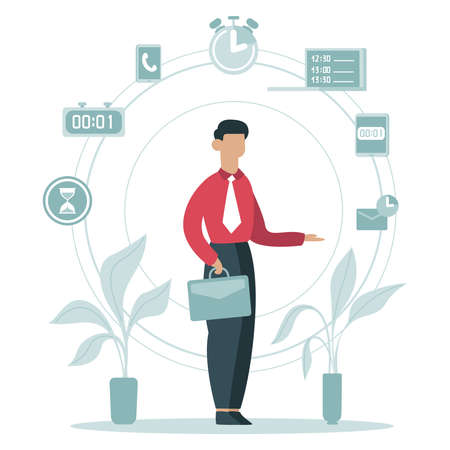 Time management concept. Businessman planning work tasks, timing schedule, business worker surrounded time icons vector illustration. Business schedule, time management workのイラスト素材