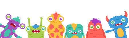 Cartoon monsters background. Halloween cartoon cute monster mascots, fluffy creature, funny alien...