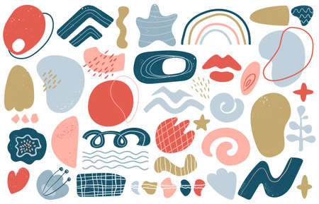 Doodle abstract shapes. Hand drawn trendy modern textured shapes, contemporary artwork stamp, doodle graphic elements vector illustration set. Scribble modern shape design collectionのイラスト素材
