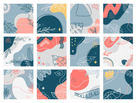 Hand drawn backgrounds. Doodle trendy abstract floral placards, social media banners, creative...