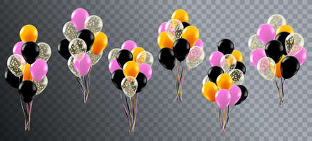 Realistic celebration balloons. Helium birthday party or wedding decoration, colorful balloon bunch, 3d glossy balloons vector illustration set. Realistic bunch ballon, flying gift to wedding holidayのイラスト素材