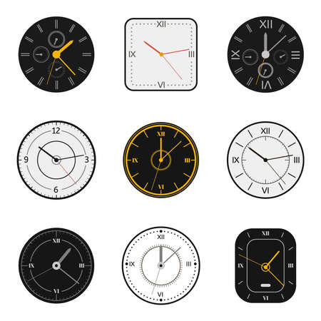 Modern watch face. Clock round scale faces, modern 12 hours round clock, time measurement watch vector illustration symbols set. Watch number, timer graphic shapeのイラスト素材