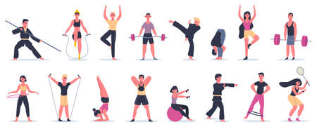 Fitness sport activities. People training, male female characters performing sport, martial arts and yoga vector illustration icons set. Art martial and yoga, sportswear and athletic equipmentのイラスト素材