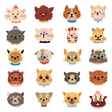 Cats emotions. Cute funny kitten faces, pets character heads, doodle domestic kitty portraits vector isolated icons illustration set. Kitty pet emotion face, animal headのイラスト素材
