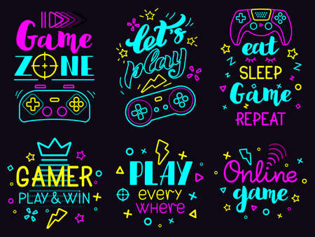 Neon video game phrases. Online game console lettering, modern gamer joystick concept, video games lettering isolated vector illustration set. Game phrase entertainment, joystick and video playのイラスト素材