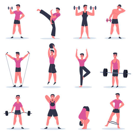 Sport guy. Young man exercising, male character barbell gym training, practice martial arts and crossfit isolated vector illustration collection. Healthy athlete, sport training lifestyle activeのイラスト素材