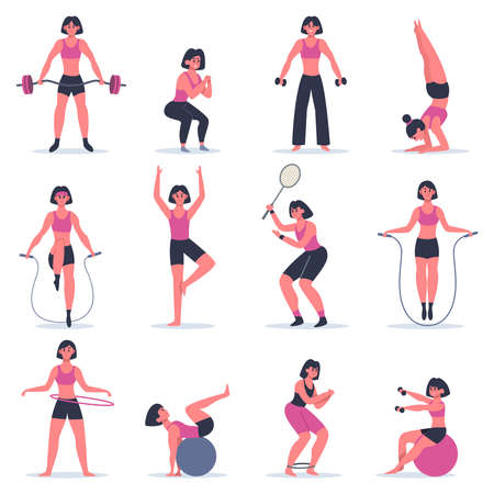 Girl exercising. Young woman fitness exercising, squats, practice yoga and tennis, girl at sport gym or training at home vector illustration set. Exercise fitness young people girls collectionのイラスト素材