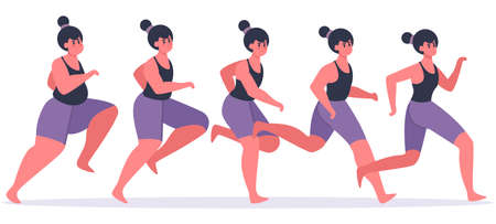 Girl losing weight. Running woman in process of weight loss, female character jogging and get in shape, losing weight stages vector illustration. Girl fitness slim, woman jogging and trainingのイラスト素材