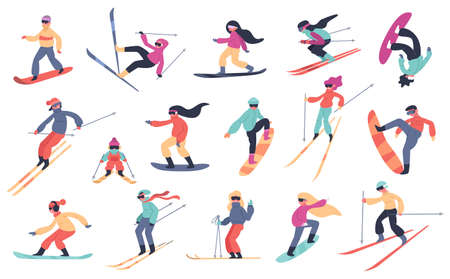 Skiing snowboarding people. Winter sport activities, young people on snowboard or ski, extreme mountain sports isolated vector illustration set. Extreme snowboard, sport ski and snowboardingのイラスト素材
