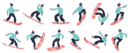 Snowboard character. Young male snowboarder jump on mountain, winter extreme snow activity, fitness snowboard rider vector illustration icons set. Winter snowboard, snowboarder extremeのイラスト素材
