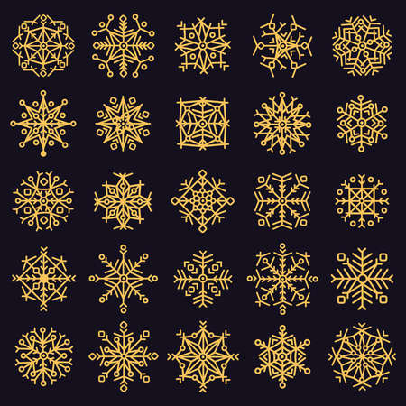 Golden snowflakes. Winter frosted snowflake, gold ice snow xmas stars, cold falling snowflake crystals isolated vector illustration icons set. Gold snowflake winter, frost ice goldenのイラスト素材