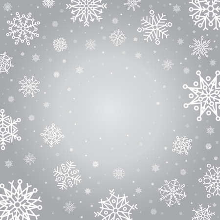 Snowflakes winter background. Holiday silver frost snowflake template, cold falling snowflake crystals vector backdrop illustration. Christmas crystal background, silver graphic abstract xmasのイラスト素材