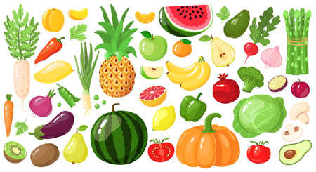 Cartoon fruits and vegetables. Vegan lifestyle food, organic nutrition vegetable and fruit, avocado, asparagus and mango vector illustration set. Watermelon and pineapple, apple and banana, kiwi fruitのイラスト素材