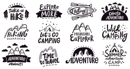 Adventure quote lettering. Outdoor camping mountains emblem, hiking expedition badges, nature travel vector illustration set. Expedition logo and emblem poster, silhouette vacation and explorationのイラスト素材