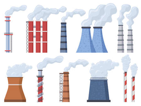 Industrial chimney. Manufacturing industrial chimney, toxic air chimney pipes, factory chimney smoke pollution vector illustration icons set. Plant emitting dirty smog, air pollutionのイラスト素材