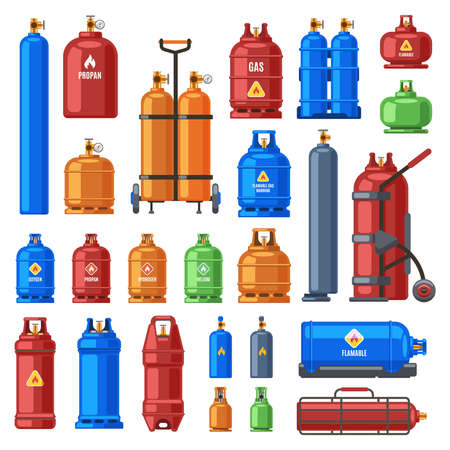 Gas cylinders. Propane, oxygen and butane metal containers, cylindrical helium tank, fuel storage gas bottle vector illustration icons set. Compressed gases with high pressure in equipment