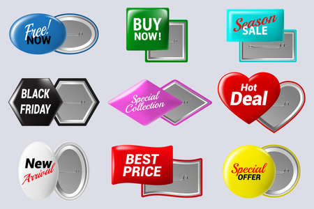Realistic sale badges buttons. Special offer button badge, glossy colorful metal circle label isolated vector isolated icons set as special collection, hot deal, black friday and new arrivalのイラスト素材