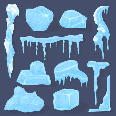Winter icicles. Snow ice cap, frosted crystal cube white icicles sign, ice caps, piece and crystal block isolated vector illustration symbols set. Cold frozen water elements for decorのイラスト素材