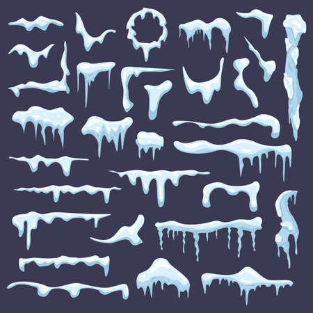 Winter snow icicle. Frosted icy blue borders, frozen snowcap, white icicles ice sign, frosted snow caps isolated vector illustration icons set. Frames for seasonal holiday greeting cardsのイラスト素材
