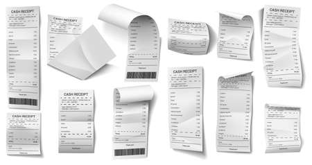 Realistic paper check. Shopping purchase paper bill, 3d financial check, payment printed checks isolated vector illustration icons set. Creased receipt with total cost and price list collectionのイラスト素材